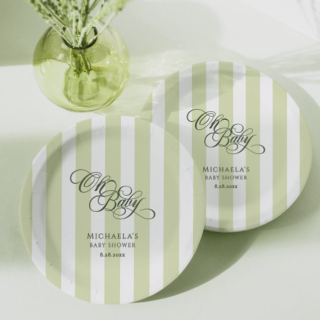 Prato De Papel Oh Bebê Elegante Script e Listras Baby Shower (Criador carregado)