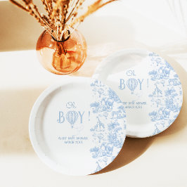 Prato De Papel Oh Boy Blue Toile Safari Chá de fraldas