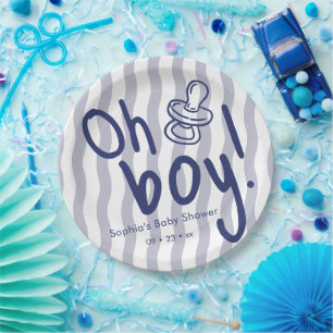Prato De Papel Oh Boy Blue Wavy Stripes Baby Shower