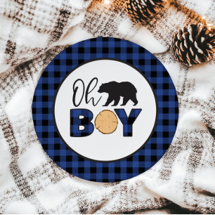 Prato De Papel Oh Menino Urso Xadrez Azul Baby Shower