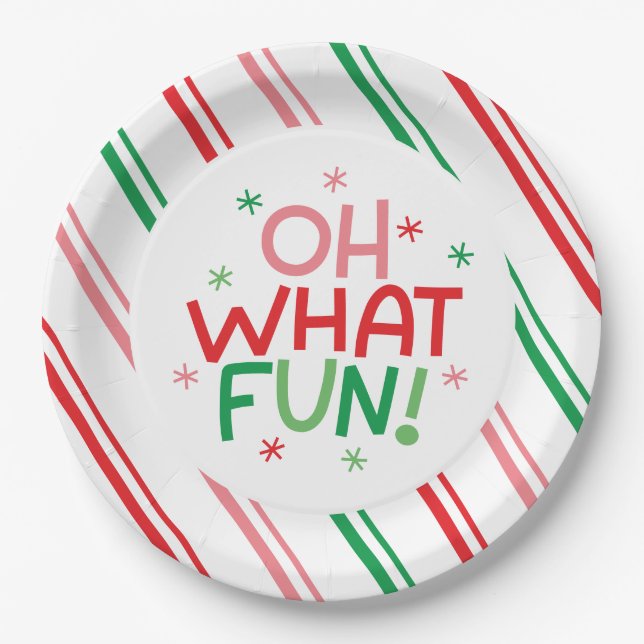Prato De Papel Oh What Fun Red Green Pink Christmas Paper Plate (Frente)