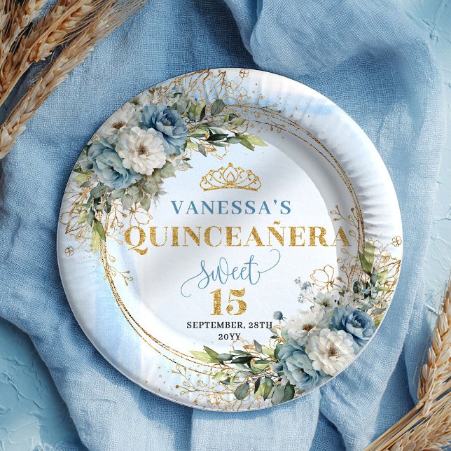 Prato De Papel oho Dusty Blue Floral Eucalyptus Gold Quinceañera  (oho Dusty Blue Floral Eucalyptus Gold Quinceañera Plates)