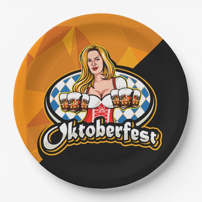 Prato De Papel Oktoberfest Beer Caneca de cerveja Mulher Servida  (Frente)