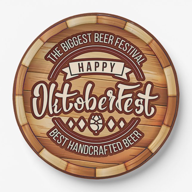 Prato De Papel Oktoberfest Festival Brown Wooden Beer Barrel 9" (Frente)