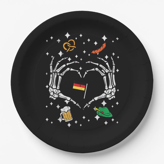 Prato De Papel Oktoberfest Skeleton Hand Heart Flag Alemão (Frente)