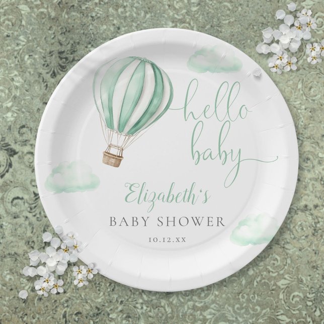 Prato De Papel Olá Bebê Ar Quente Balão Neutro (Hello Baby Hot Air Balloon Neutral Baby Shower Paper Plate)