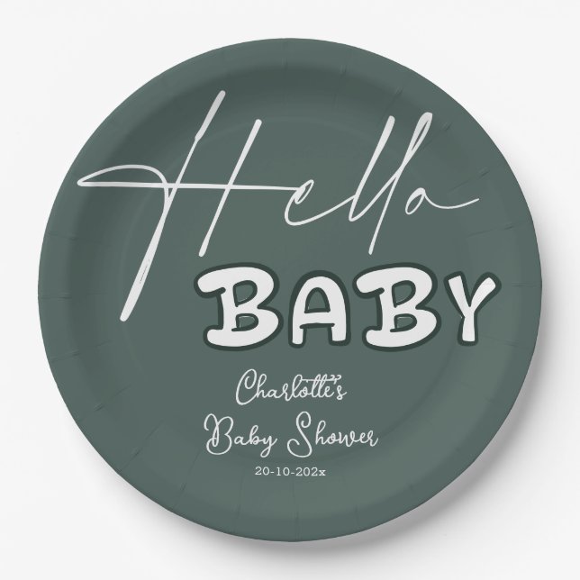 Prato De Papel Olá Bebê Elegante Chá de fraldas Verde Escuro (Frente)