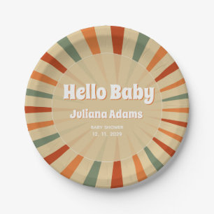 Prato De Papel Olá Bebê Retro Sage Verde Laranja Chás de Bebê