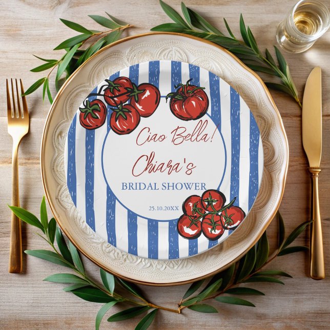 Prato De Papel Olá bela listras de tomate banho de noiva italiano (Ciao bella tomato blue stripes Italian pasta farmers market  bridal shower personalized Paper Plates)