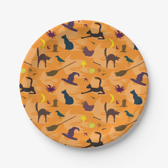 Prato De Papel Olá Bruxa - padrão perfeito de Halloween. (Frente)