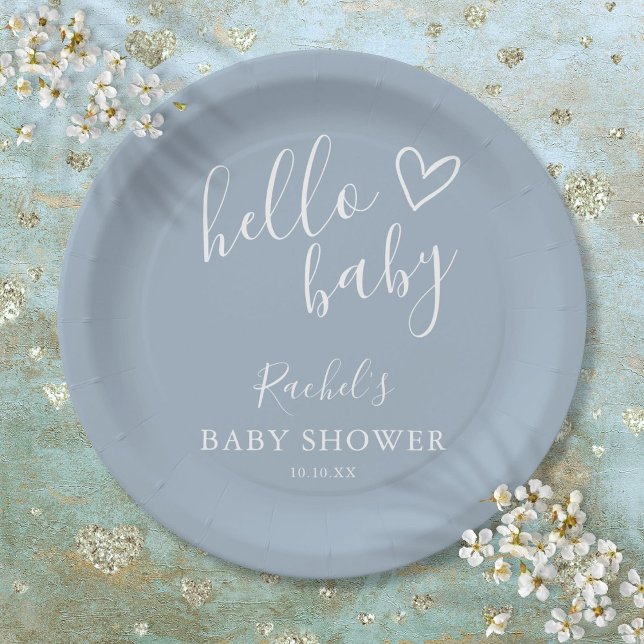 Prato De Papel Olá, Chá de fraldas, Bebê, Dusty, Coração Azul (Hello Baby Shower Baby Boy Dusty Blue Cute Heart Paper Plates)