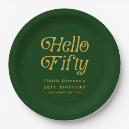 Prato De Papel Olá, Retro Green e Dourada 50ª Festa de aniversári