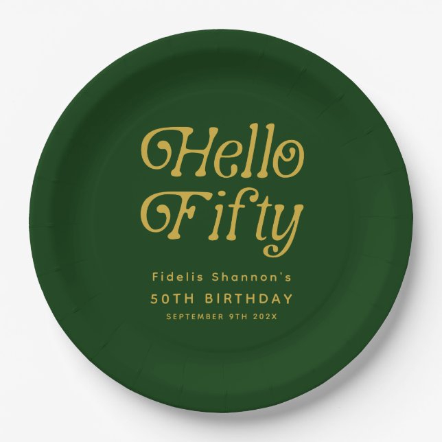 Prato De Papel Olá, Retro Green e Dourada 50ª Festa de aniversári (Frente)