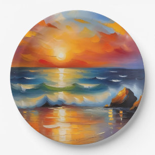 Prato De Papel Óleo Pintura do pôr do sol laranja sobre o oceano