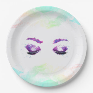 Prato De Papel Olhos e Sobrancelhas Roxos Glamourosos Aquarela