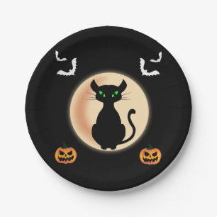 Prato De Papel Olhos verdes de gato preto com Dia das Bruxas na L