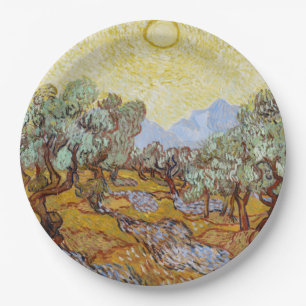 Prato De Papel Oliveiras com céu amarelo e sol