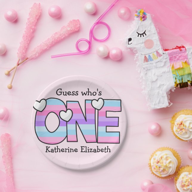 Prato De Papel Ombre Púrpura Rosa Stripes Corações Primeiro Anive (Festa)