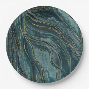 Prato De Papel Ondas Abstratas de Aquarela Azul Teal Dourado