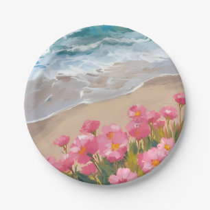 Prato De Papel Ondas da Praia Aquarela Pintura Floral Rosa da Cos