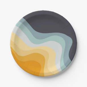 Prato De Papel Ondas de estilo retro azuis e amarelas