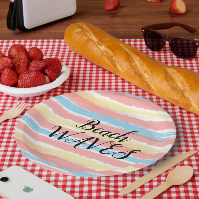 Prato De Papel Ondas de Praia Amarelo Rosa Azul Aquarela (Piquenique)