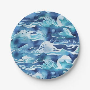 Prato De Papel Ondas do Oceano   Azul Aquamarinho Aquarela