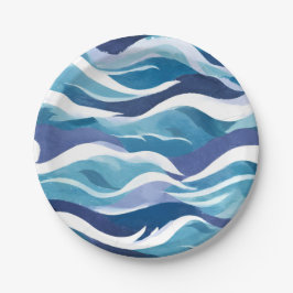 Prato De Papel Ondas do Oceano Azul | Aquarela Moderna Simplista