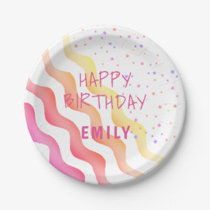 Prato De Papel Ondas e estrelas Festa de aniversário rosa