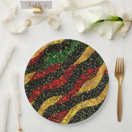 Prato De Papel Ondas Negras Amarelas Vermelhas de Brilho Festivo