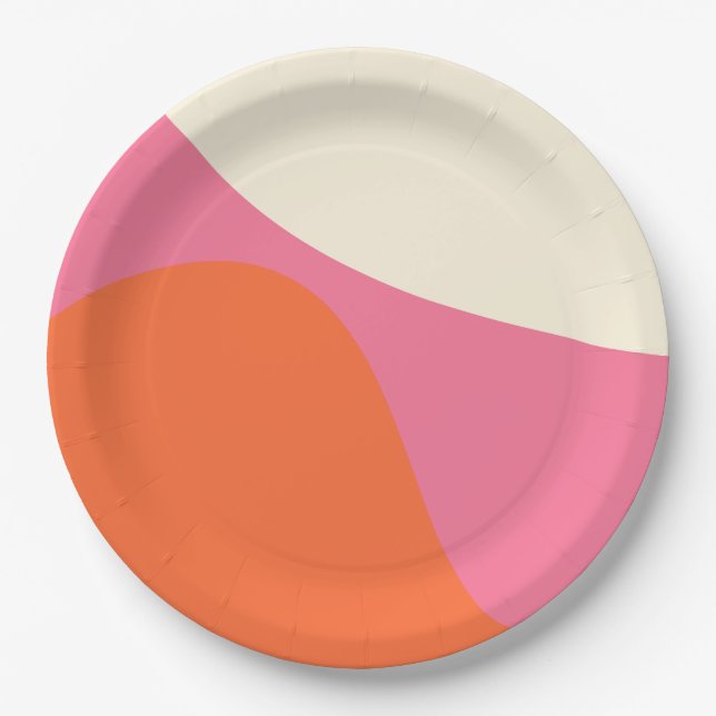 Prato De Papel Ondas Simples 4 em Rosa, Laranja e Creme (Frente)