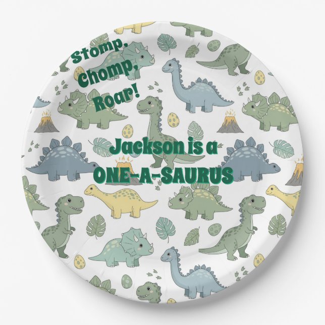 Prato De Papel ONE-A-SAURUS Dinosaur Pattern Paper Plates (Frente)