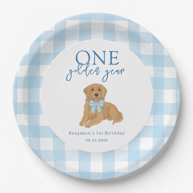 Prato De Papel One Golden Year Golden Retriever Boys Birthday (Frente)