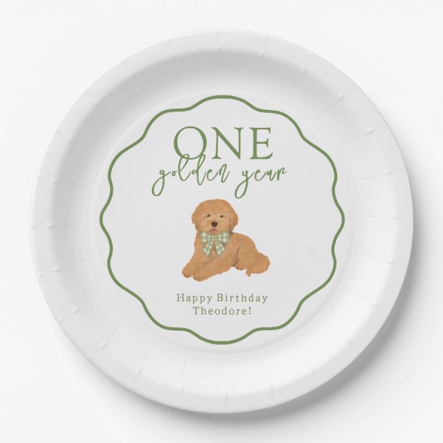 Prato De Papel One Golden Year Goldendoodle First Birthday Party (Frente)