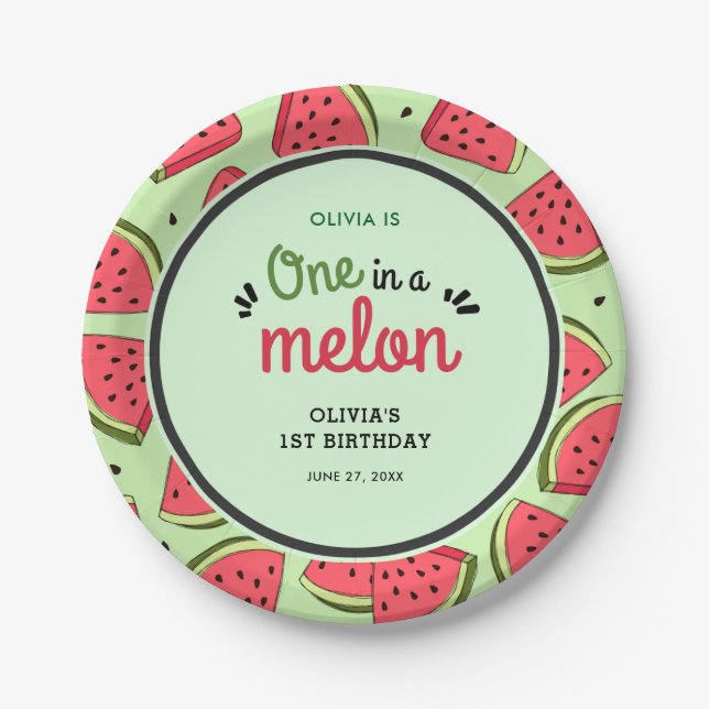 Prato De Papel One in a Melon Summer Watermelon 1st Birthday  (Frente)