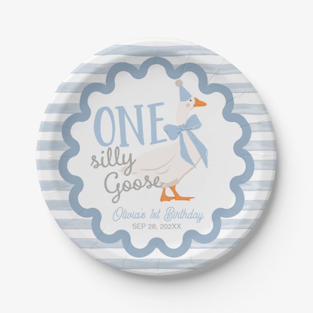 Prato De Papel One Silly Goose Blue Bow 1st Birthday (Frente)
