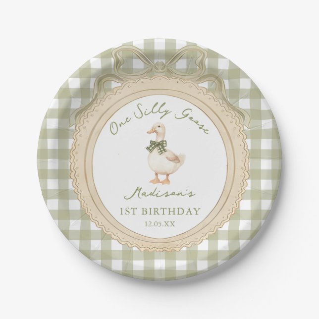 Prato De Papel One Silly Goose Bow Gingham 1st Birthday (Frente)