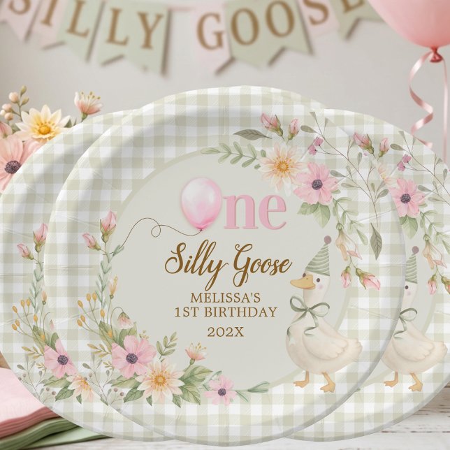 Prato De Papel One Silly Goose Gingham Pink Flora Birthday Party  (Criador carregado)