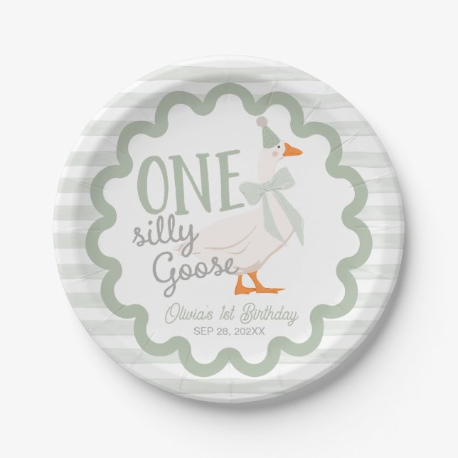 Prato De Papel One Silly Goose Green Bow 1st Birthday (Frente)