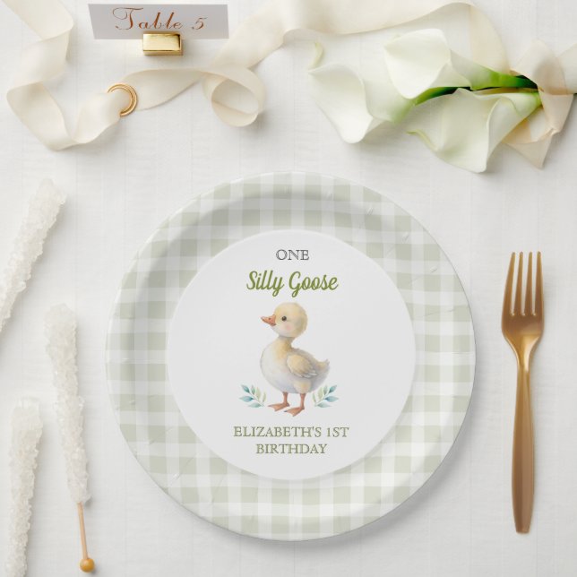 Prato De Papel One Silly Goose Green Gingham Baby First Birthday (Casamento)