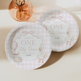 Prato De Papel ONE Silly Goose Pink Bow 1st Birthday Party