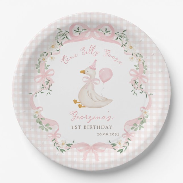 Prato De Papel One Silly Goose Pink Bow Gingham 1st Birthday (Frente)