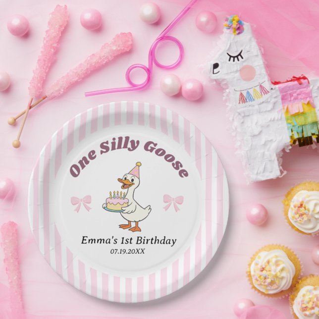 Prato De Papel One Silly Goose Pink Bow Girl 1st Birthday Party  (Festa)