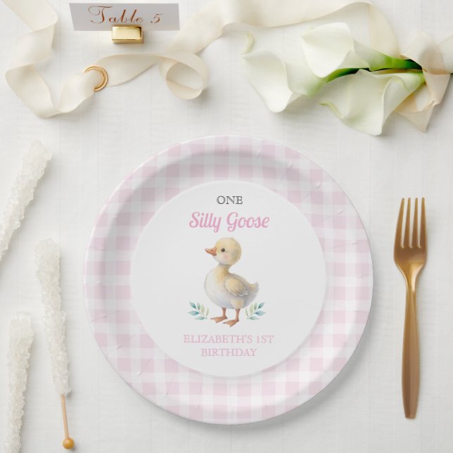 Prato De Papel One Silly Goose Pink Gingham Girl First Birthday (Casamento)