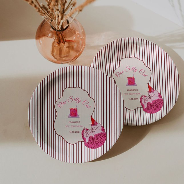 Prato De Papel One Silly Pink Kitty 1st Birthday (Criador carregado)