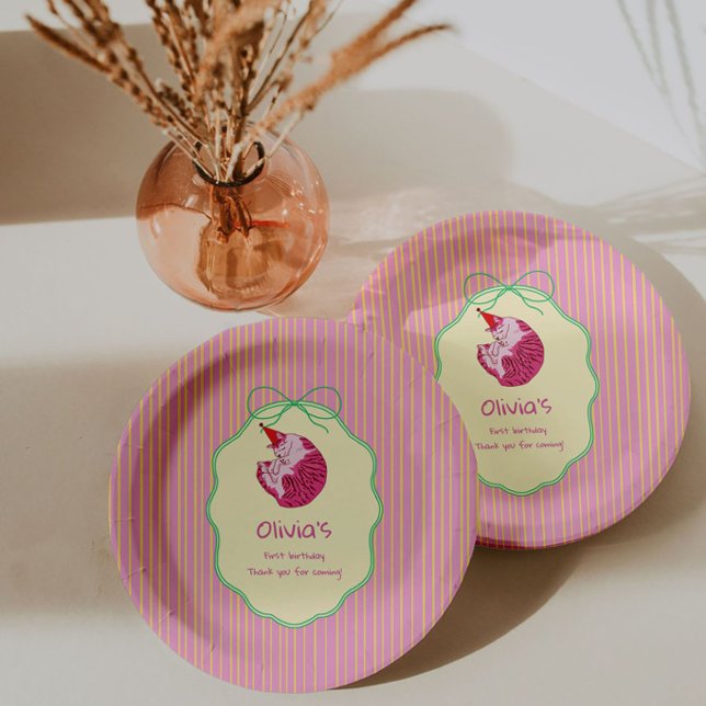 Prato De Papel One Sleepy Cat 1st Birthday – Yellow Stripes (Criador carregado)