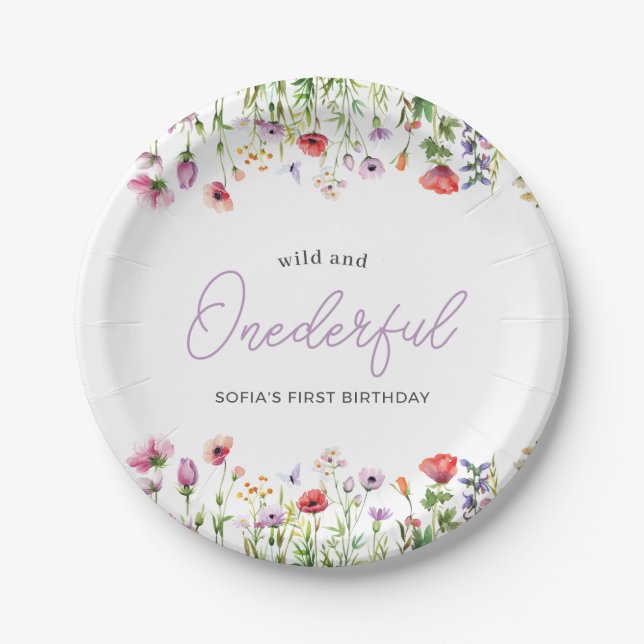 Prato De Papel Onederful Wildflower First Birthday Paper Plate (Frente)