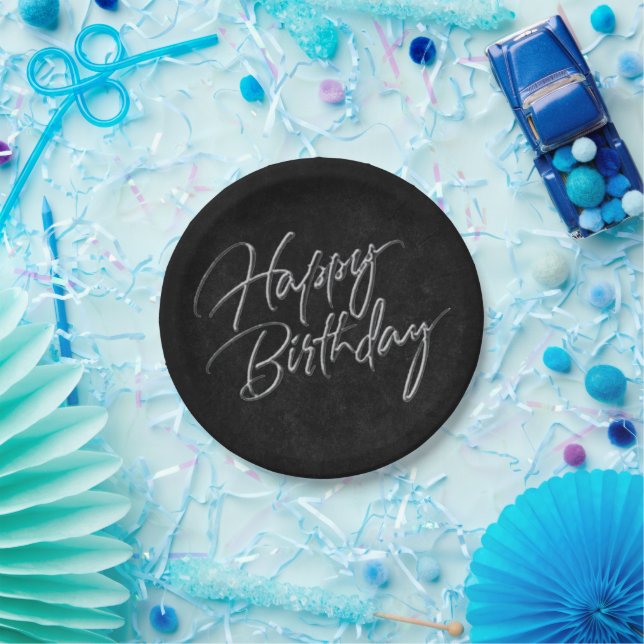 Prato De Papel Onyx Black Velvet | Grunge Happy Birthday Script (Festa)