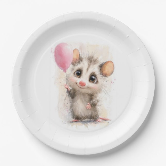 Prato De Papel Opossum Birthday Plate • Cute Woodland Party (Frente)