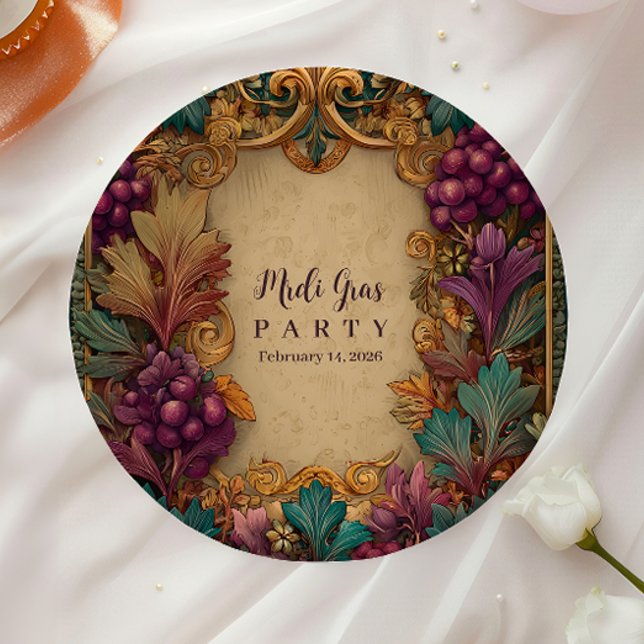 Prato De Papel Opulent Grape Leaf Mardi Gras Masquerade (Criador carregado)